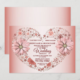 Convites Peach Floral Heart Modern Wedding