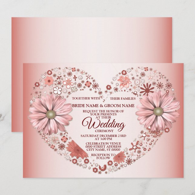 Convites Peach Floral Heart Modern Wedding (Frente/Verso)