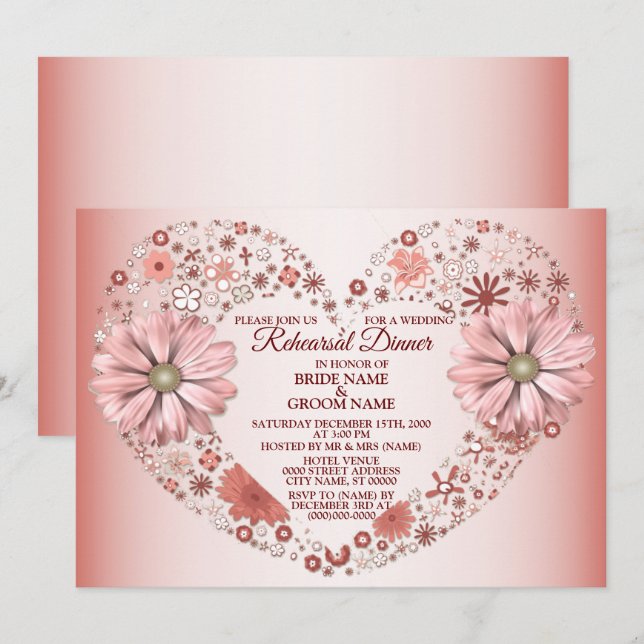 Convites Peach Floral Heart Modern Wedding Rehearsal Dinner (Frente/Verso)
