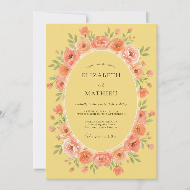 Convites Peach Floral Meadow Wedding (Frente)