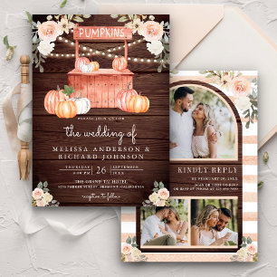 Convites Peach Floral Pumpkin Market QR Code Wood Weding