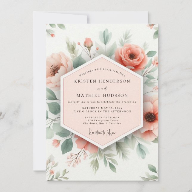 Convites Peach Floral Romantic Wedding (Frente)