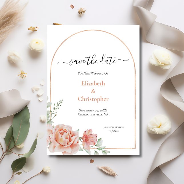Convites Peach Floral Rosa Dourado Arch Weding Date (Salvar (Peach Floral Elegant Watercolor Rose Gold Arch Wedding Save the Date card)