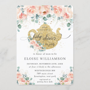 Convites Peach Floral Rosa Greenery Chá de fraldas Tea Par