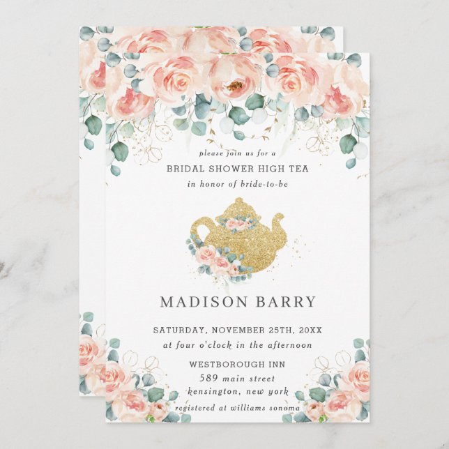 Convites Peach Floral Rosa Greenery Chá de panela Tea Party (Frente/Verso)