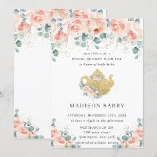 Convites Peach Floral Rosa Greenery Chá de panela Tea Party