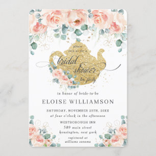 Convites Peach Floral Rosa Greenery Chá de panela Tea Party