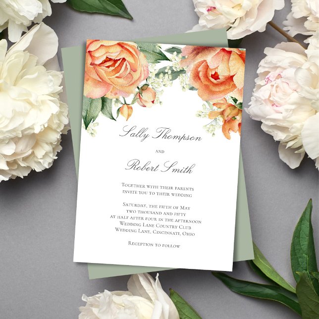 Convites Peach Floral Top Border Elegant Script Wedding (Romantic peach floral wedding design with soft watercolor blooms and elegant script for a timeless.)