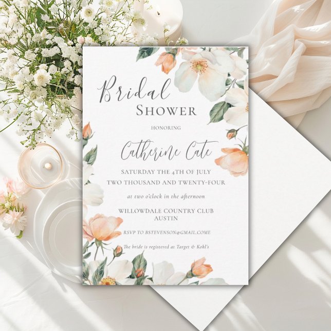 Convites Peach Floral Watercolor Bridal Shower (Criador carregado)