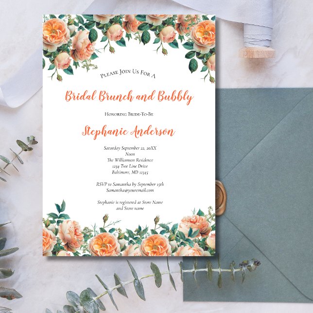 Convites Peach Floral Watercolor Chá de panela Brunch (Peach Floral Greenery Watercolor Elegant Bridal Shower Brunch Bubbly Invitation. Printed or Download)