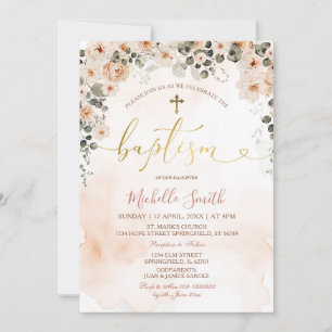 Convites Peach Floral Watercolor Girl Cross Dourado Baptism