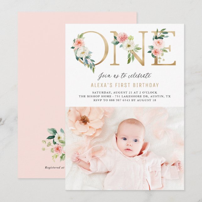 Convites Peach Florals Faux Gold Foil Primeiro Aniversário  (Frente/Verso)