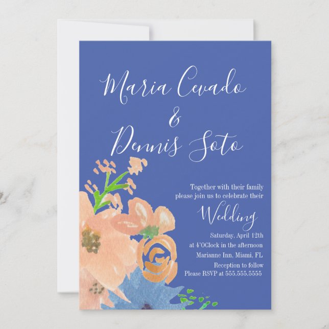 Convites Peach Florals Script Wedding Watercolor (Frente)