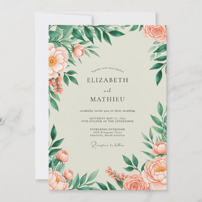Convites Peach Flourishing Spring Wedding (Frente)