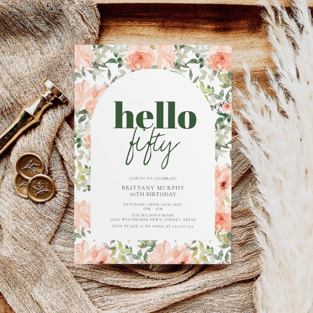 Convites Peach Flowers Arch Trendy Modern 50º aniversário (Criador carregado)