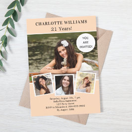 Convites Peach foto colage aniversário de luxo