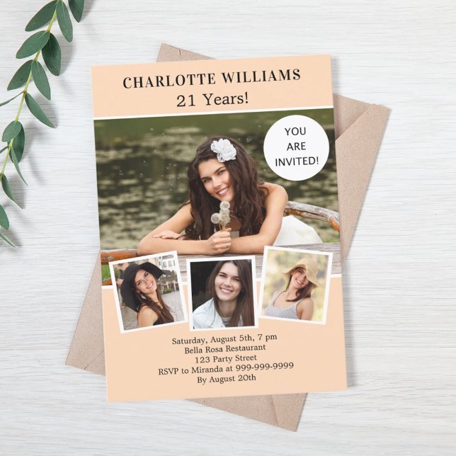 Convites Peach foto colage aniversário de luxo (Criador carregado)