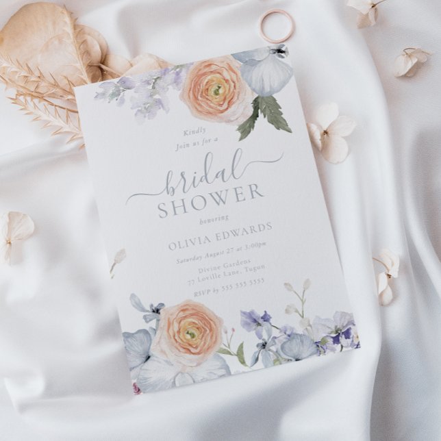 Convites Peach Fuzz Dusty Chá de panela Moderno Azul (Criador carregado)