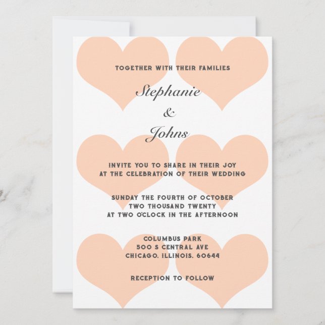 Convites Peach Fuzz Heart Pattern Elegante Casamento Românt (Frente)