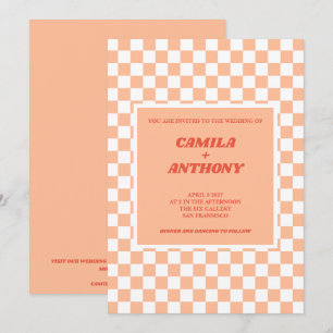Convites Peach Fuzz Red Checkered Gingham Pattern Weding