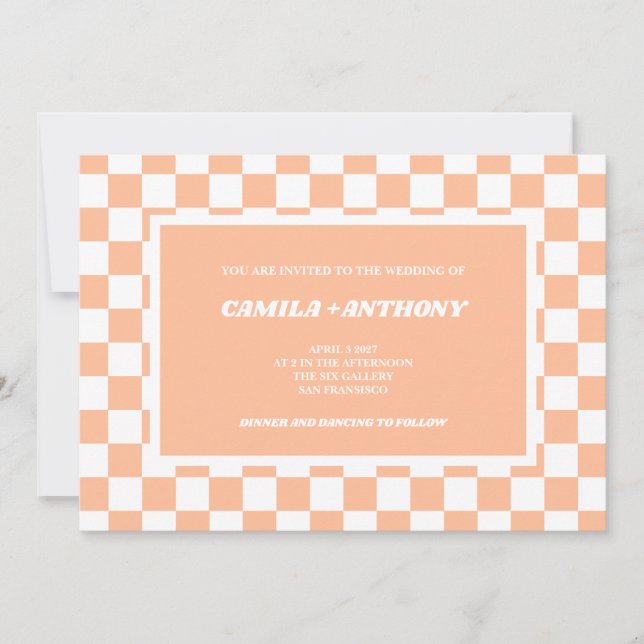 Convites Peach Fuzz White Checkered Gingham Pattern Weding (Frente)