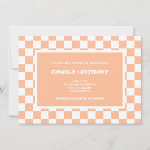 Convites Peach Fuzz White Checkered Gingham Pattern Weding