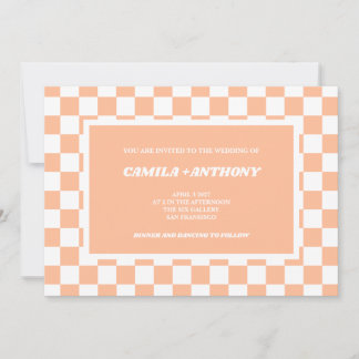 Convites Peach Fuzz White Checkered Gingham Pattern Weding