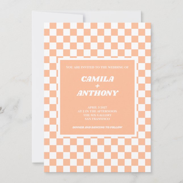 Convites Peach Fuzz White Checkered Gingham Pattern Weding (Frente)