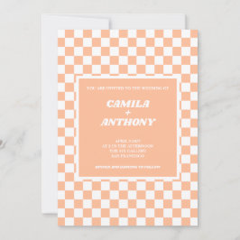Convites Peach Fuzz White Checkered Gingham Pattern Weding