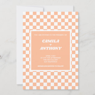 Convites Peach Fuzz White Checkered Gingham Pattern Weding
