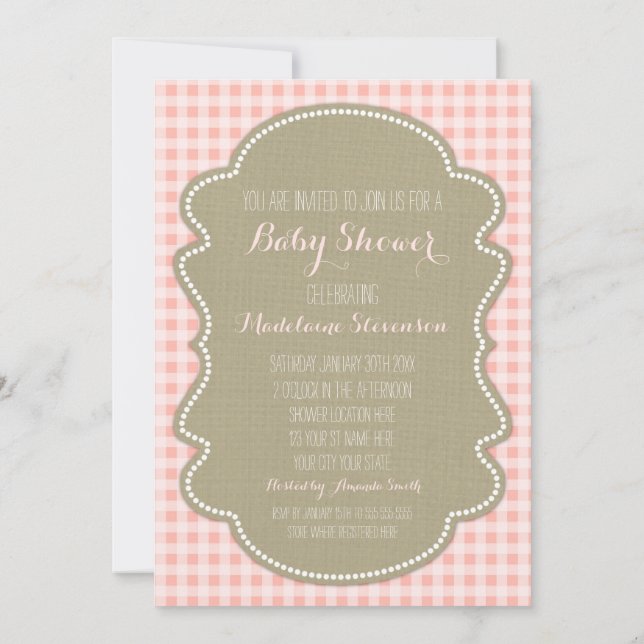 Convites Peach Gingham Burlap Baby Shower Invants (Verso)