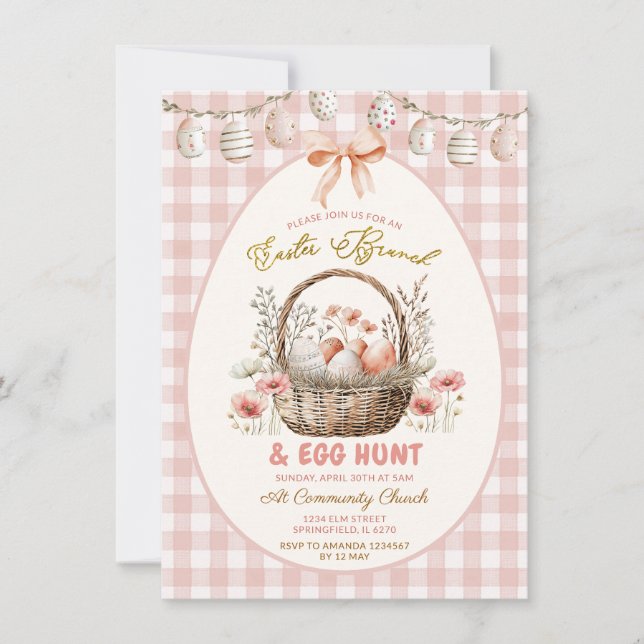 Convites Peach Gingham Floral Easter Brunch and Egg Hunt (Frente)