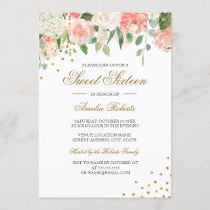 Convites Peach Gold Floral Aquarela Sweet Sixteen