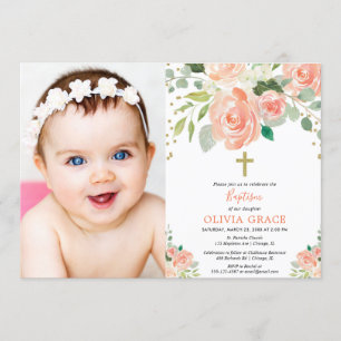 Convites Peach gold floral aquarelas baptism foto de menina