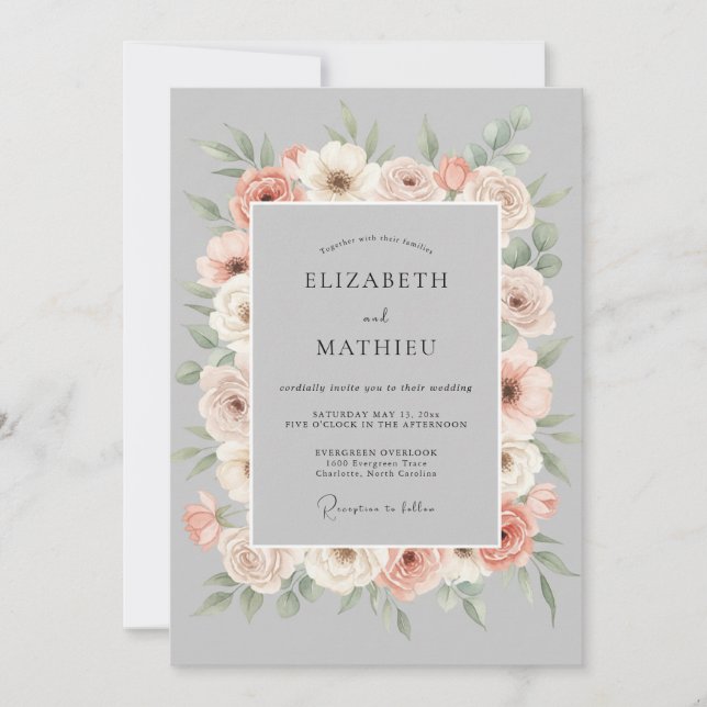 Convites Peach Gray Floral Romance Wedding (Frente)