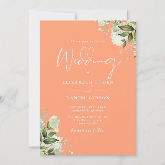 Convites Peach Greenery Floral Monograma Wedding (Frente)