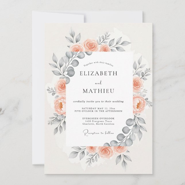 Convites Peach Harmonious Botanical Wedding (Frente)