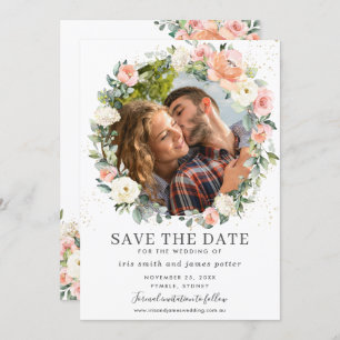 Convites Peach Ivory Pink Floral Photo Save the Date Card