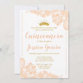 Convites Peach Lace e Glitter Dourada Princesa Quinceañera