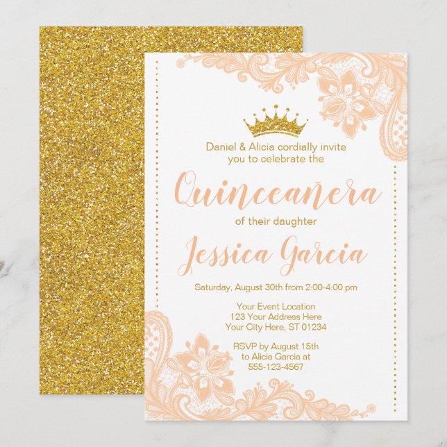 Convites Peach Lace e Glitter Dourada Princesa Quinceañera (Frente/Verso)
