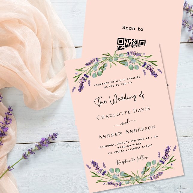 Convites Peach lavanda violeta florais QR code RSVP casamen (Criador carregado)