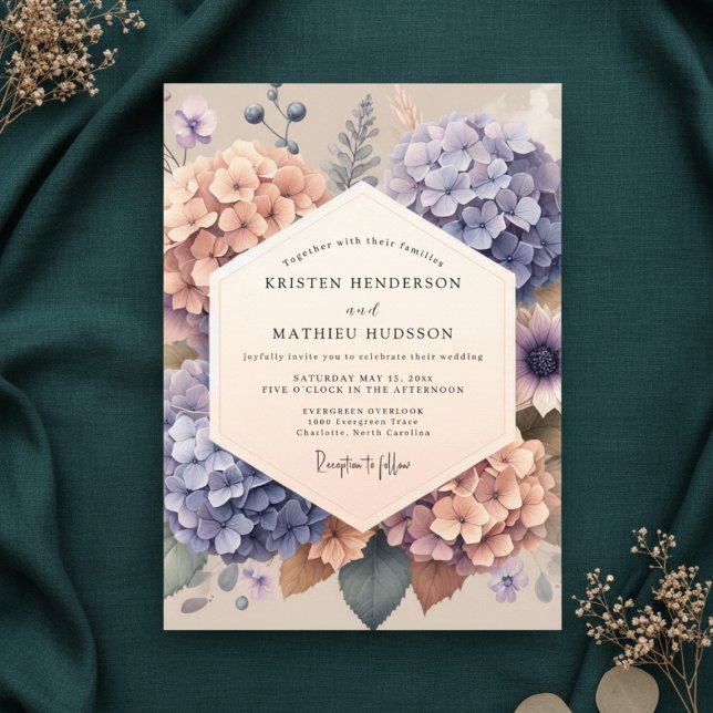 Convites Peach Lavender Hydrangea Floral Wedding (Criador carregado)