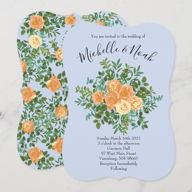 Convites Peach & Light Blue Peony & Rosa Floral Weding (Frente/Verso)