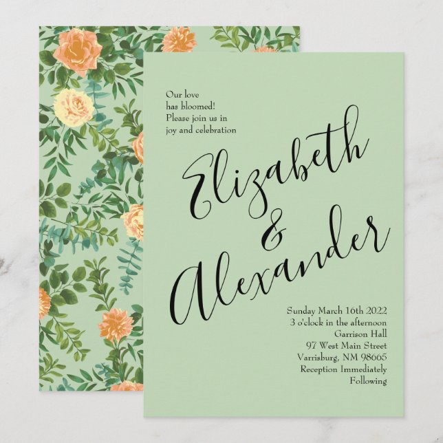 Convites Peach & Light Green Peony & Rosa Floral Weding (Frente/Verso)