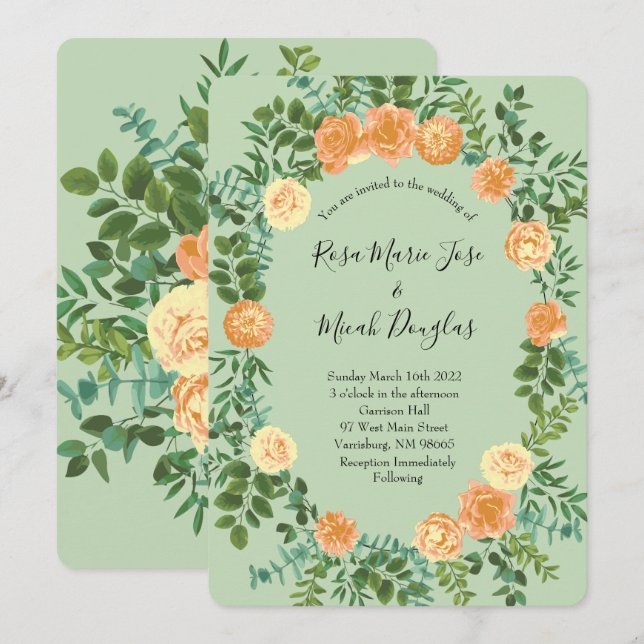 Convites Peach & Light Green Peony & Rosa Floral Weding (Frente/Verso)