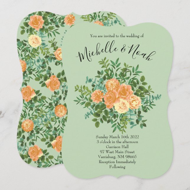 Convites Peach & Light Green Peony & Rosa Floral Weding (Frente/Verso)