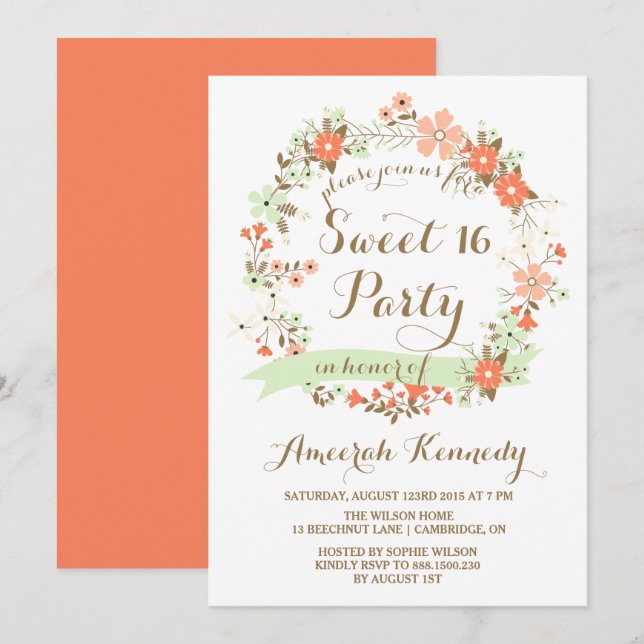 Convites Peach & Mint Floral Wreath Sweet 16 Convidam (Frente/Verso)