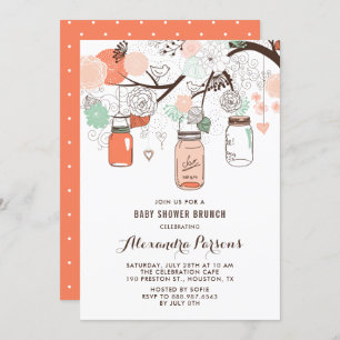 Convites Peach & Mint Mason Jars Floral Chá de fraldas Brun
