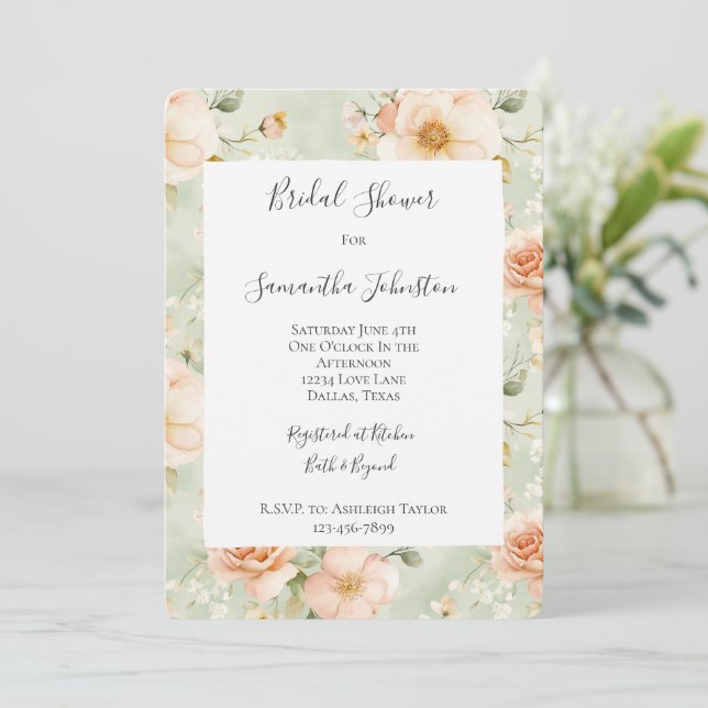 Convites Peach Mint Pretty Rose Floral Bridal Shower (Em pé/Frente)