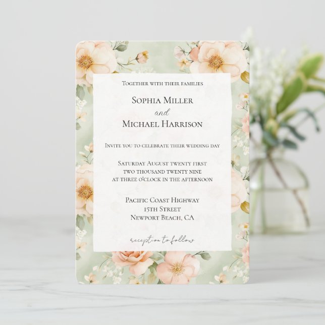 Convites Peach Mint Pretty Rose Floral Wedding (Em pé/Frente)